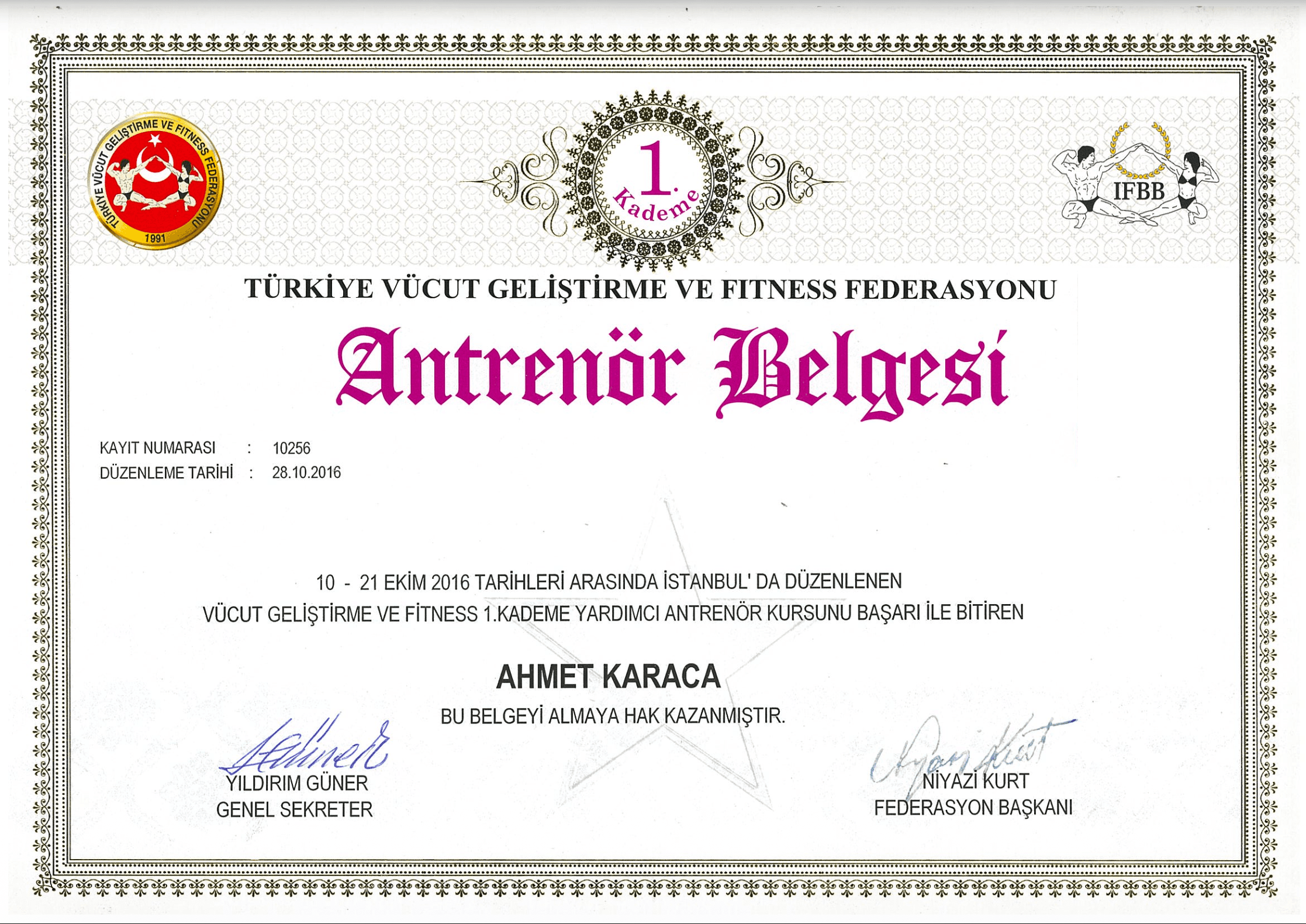 Türkiye Vücut Geliştirme ve Fitness Federasyonu 1. Kademe Antrenör Belgesi