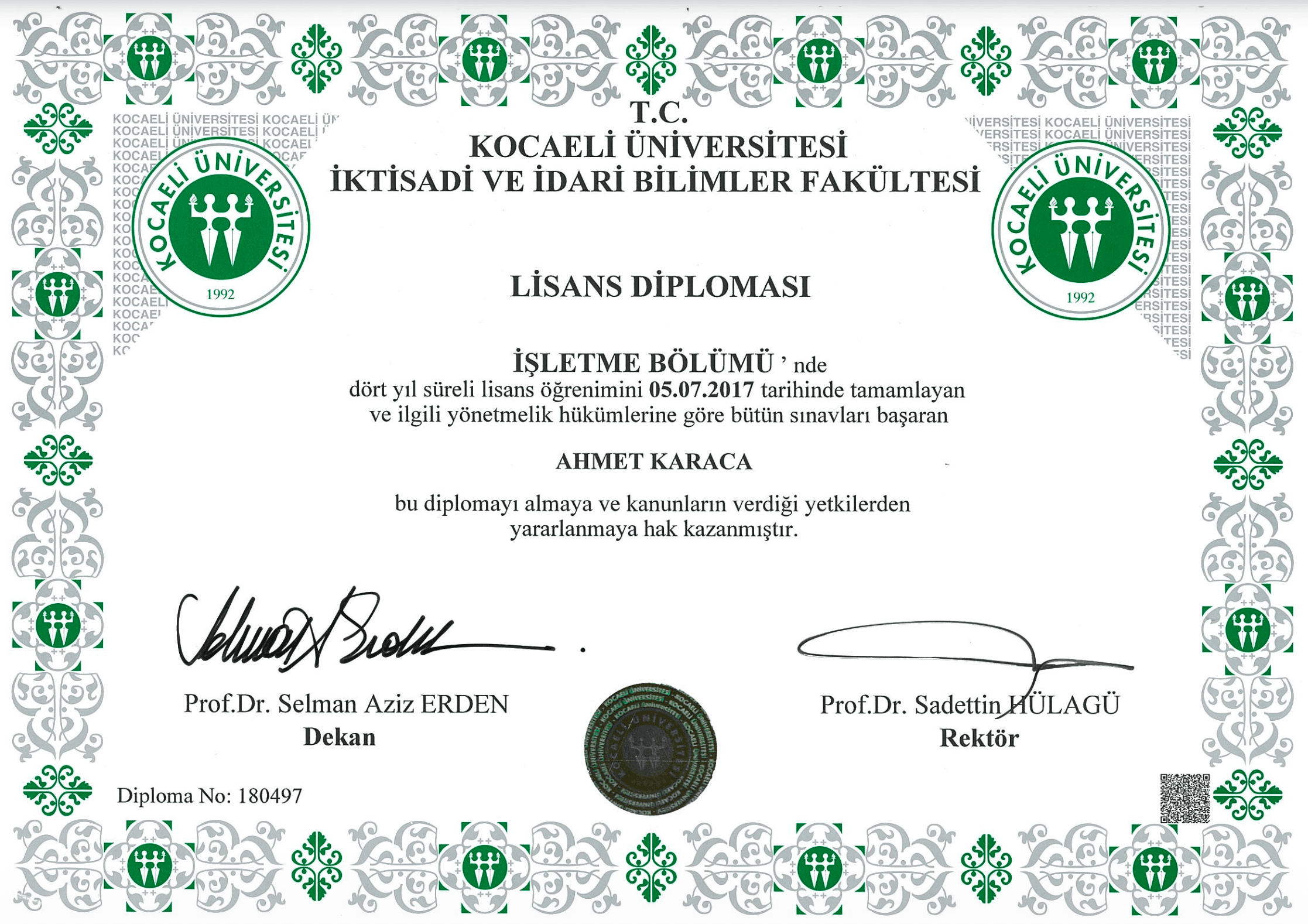 Kocaeli Üniversitesi İşletme Bölümü Lisans Diploması